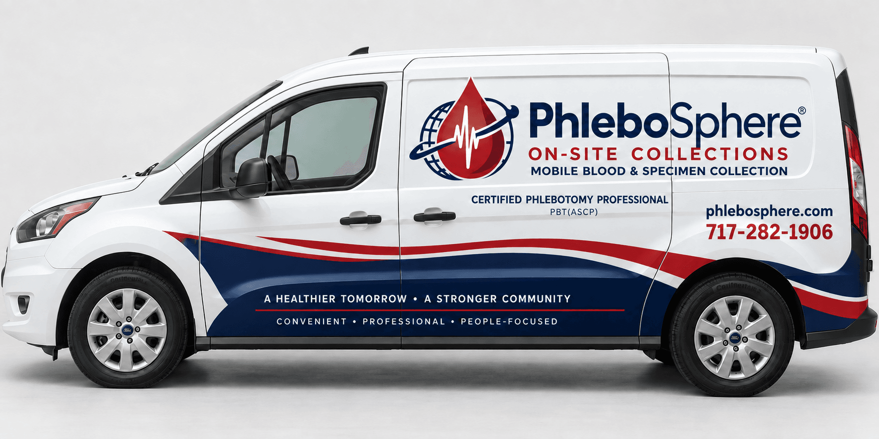 Illustration of PhleboSphere’s planned mobile blood and specimen collection vehicle, displaying 717-282-1906.
