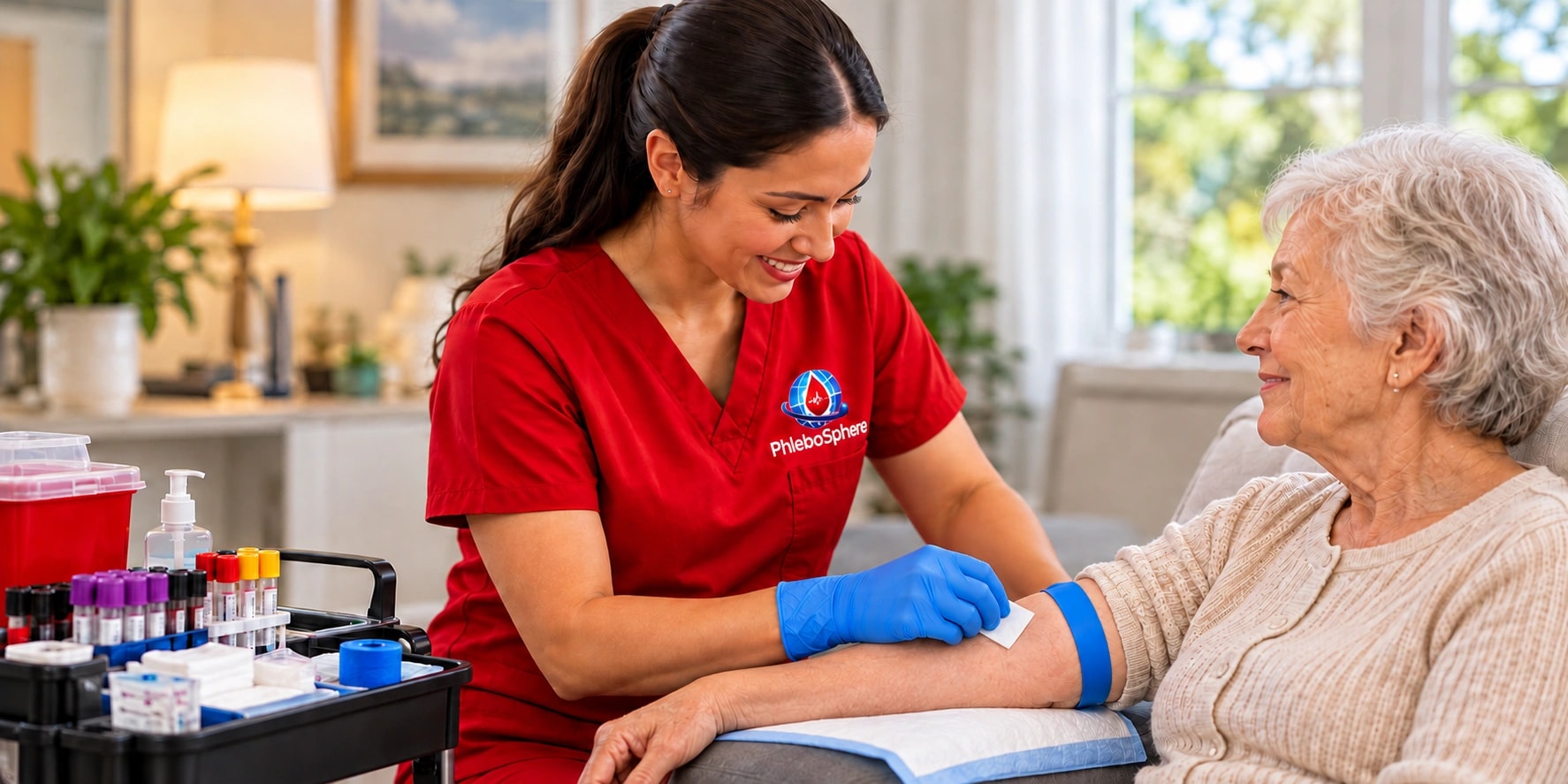 A PhleboSphere phlebotomist in branded red scrubs prepares a seated client’s arm with a prep pad; gauze and collection supplies are arranged on the tray.
