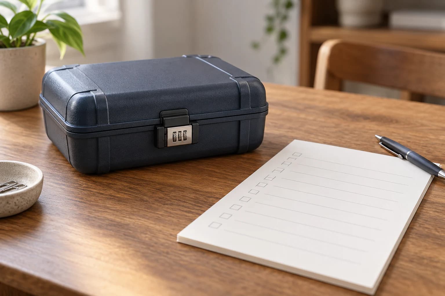 A closed unbranded hard case rests beside a blank documentation checklist.