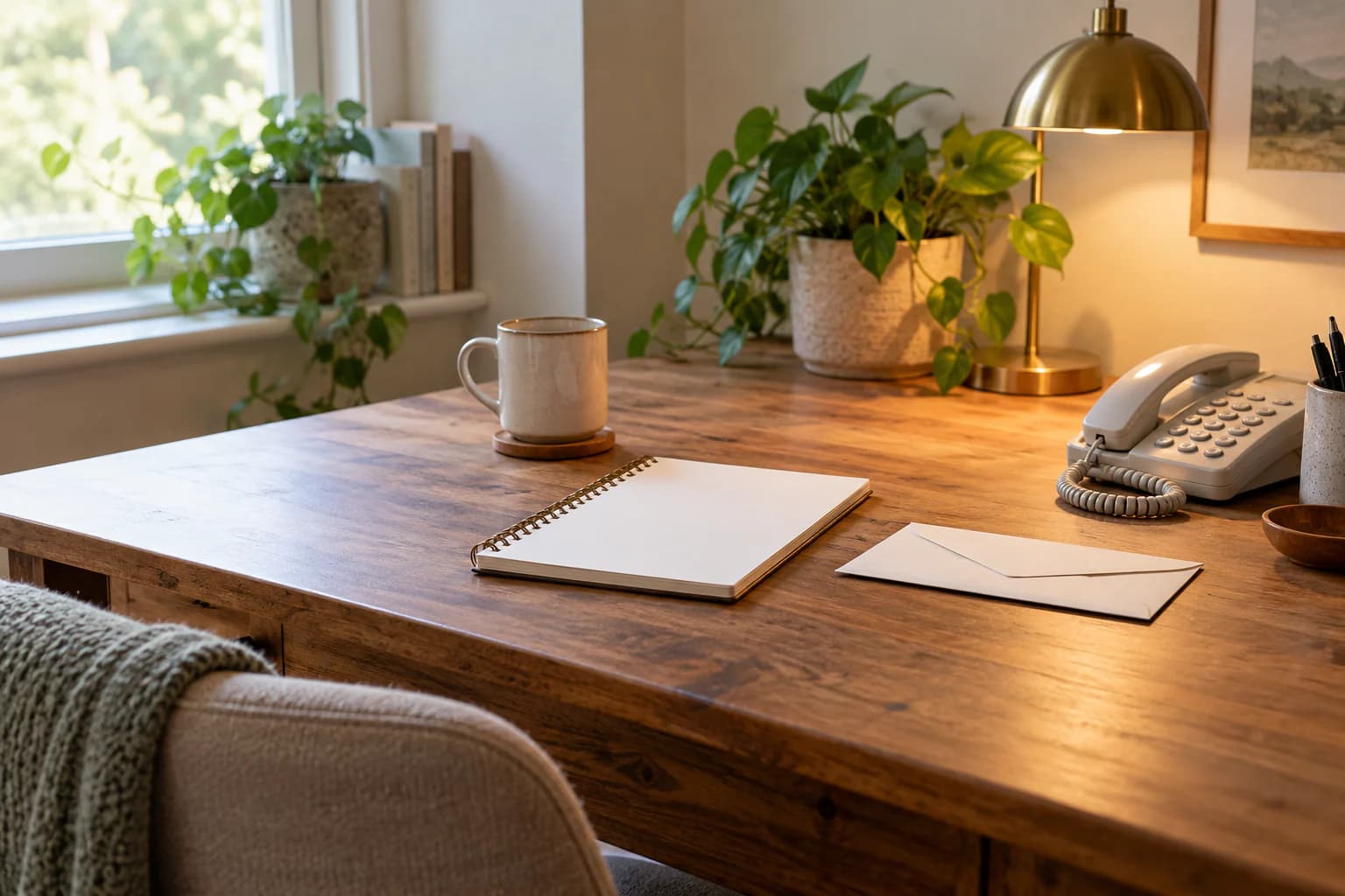 A neutral general-question workspace with a telephone and a blank note card.