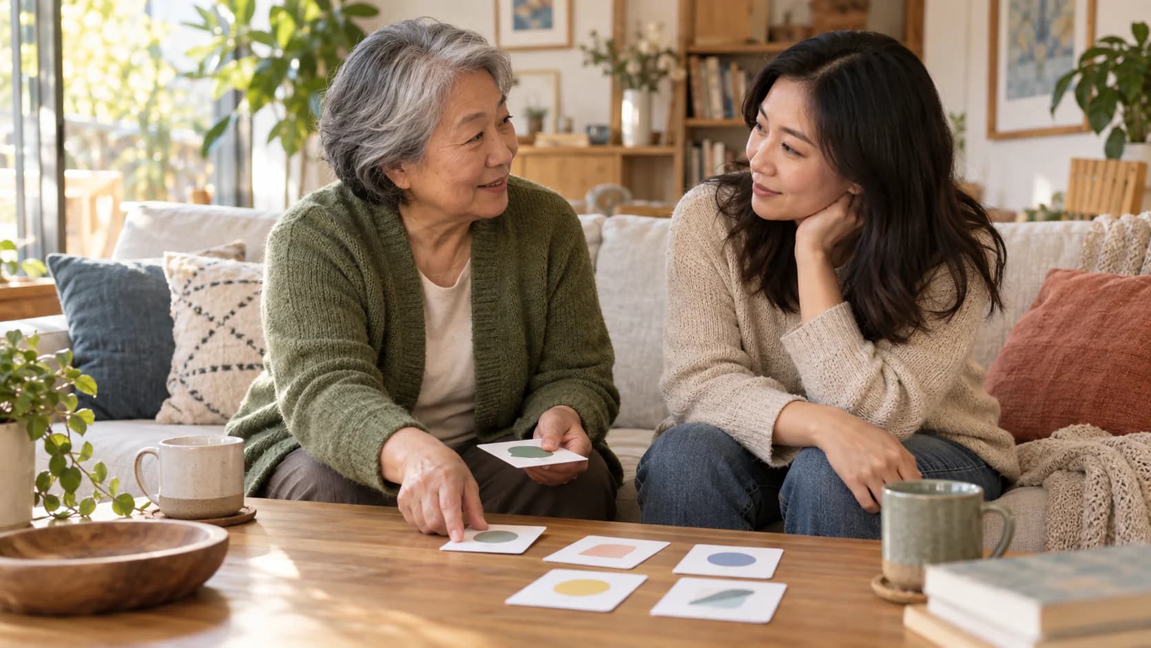 A client and caregiver preparing to share contact details and their general area on a blank early-interest card.
