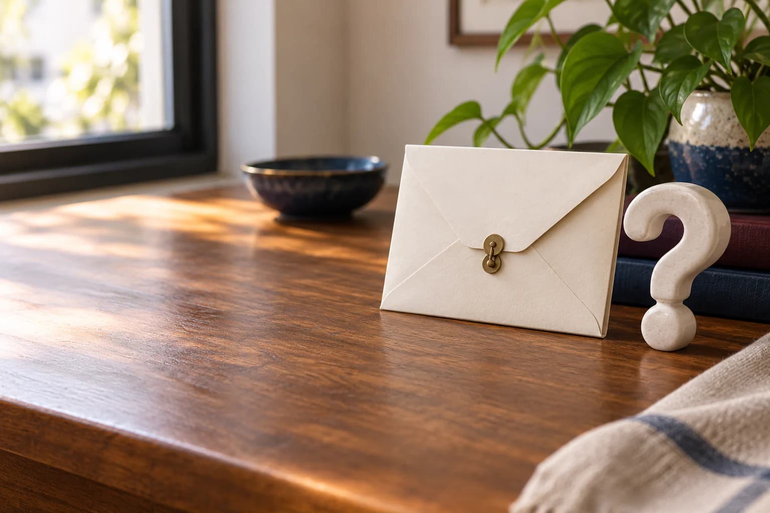 A closed envelope and lock sit beside a generic privacy question card.