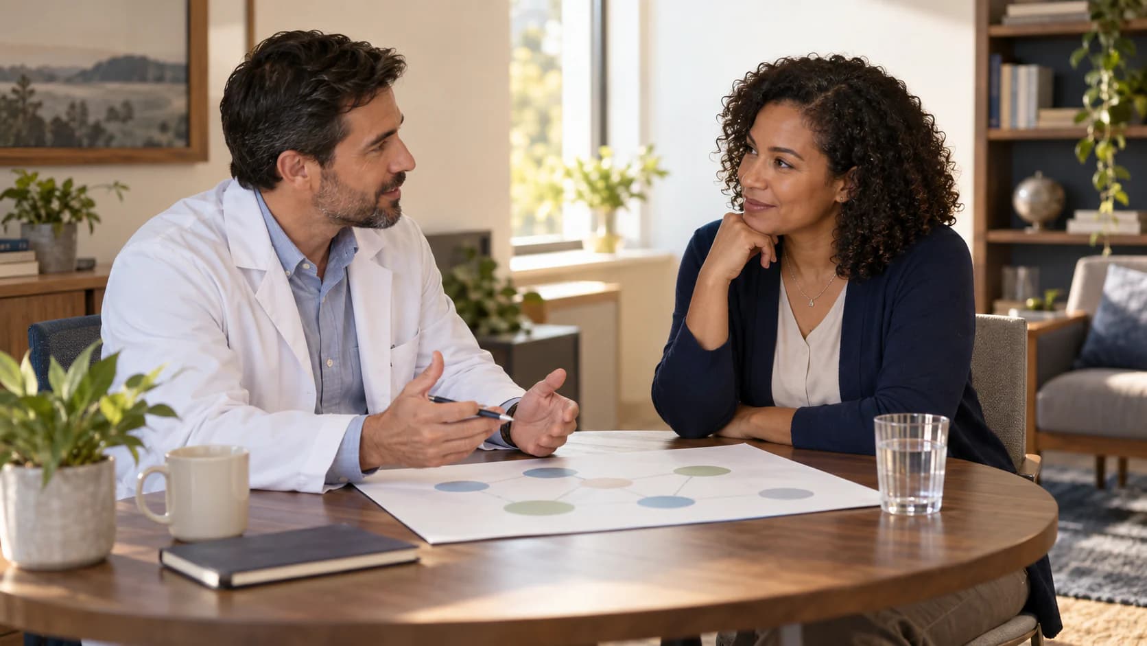 A provider and care coordinator review a future coordination plan with blank materials.