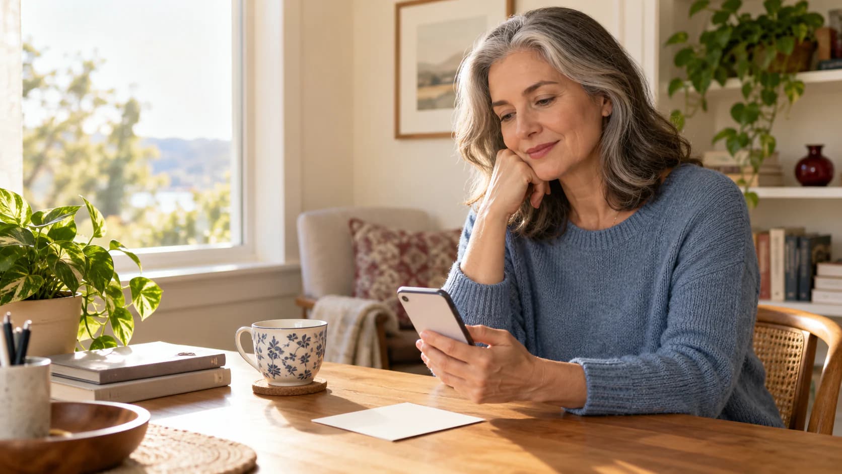 An adult viewing a blank early-interest card and telephone, without an appointment confirmation.