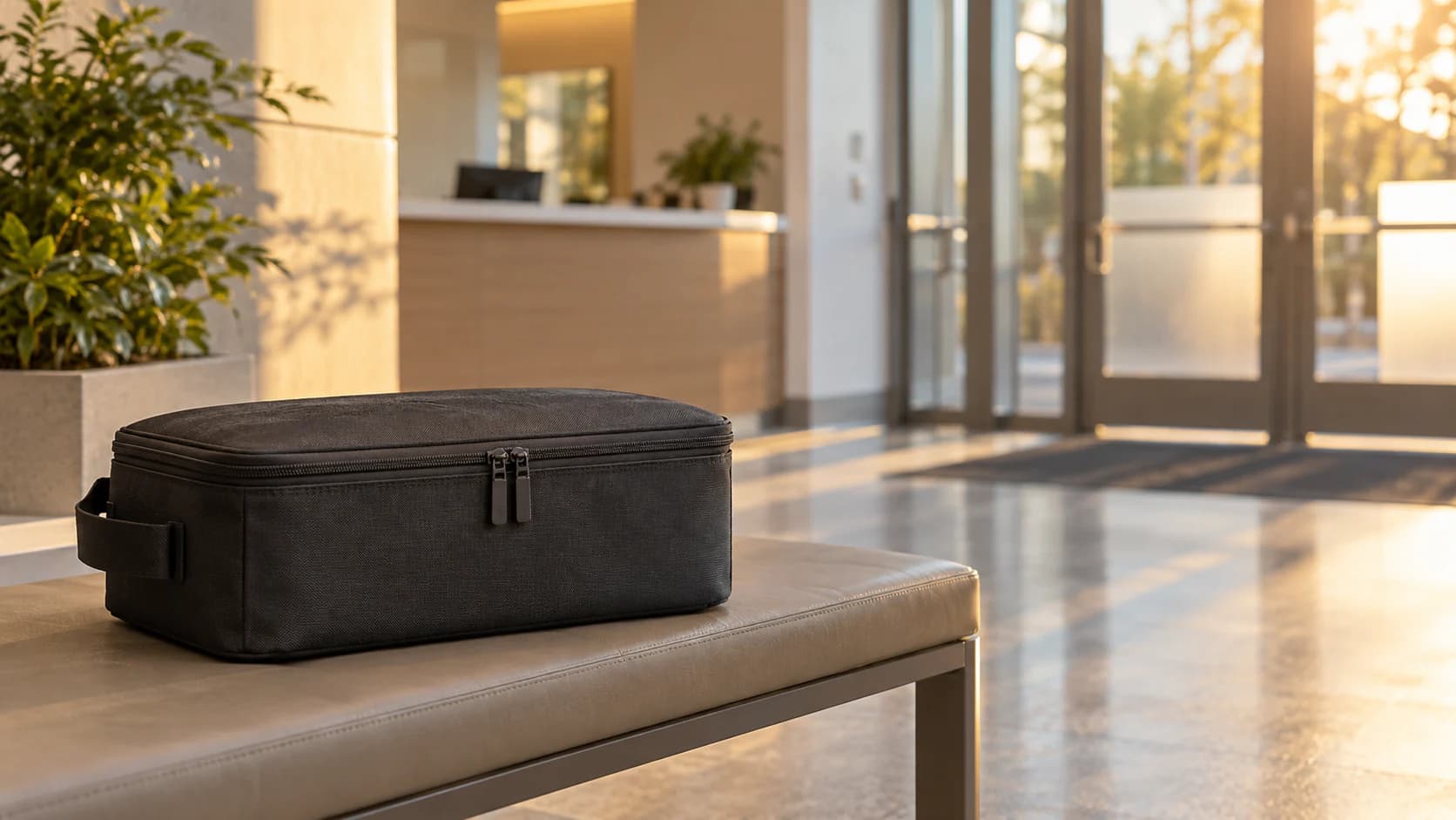 A closed unbranded transport case waits near a neutral receiving entrance.