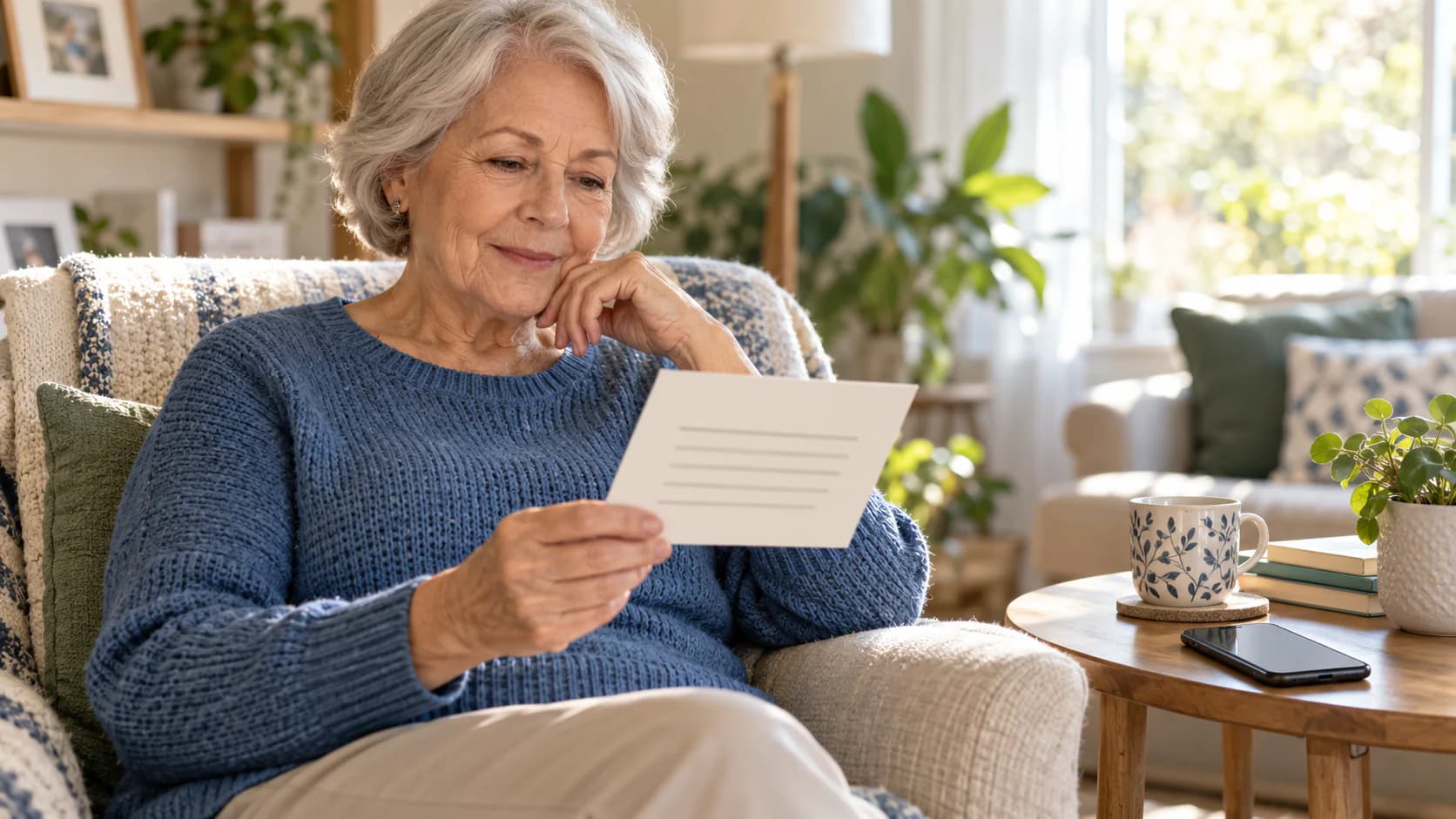 An older adult reads a plain-language future request-path card beside an inactive telephone.