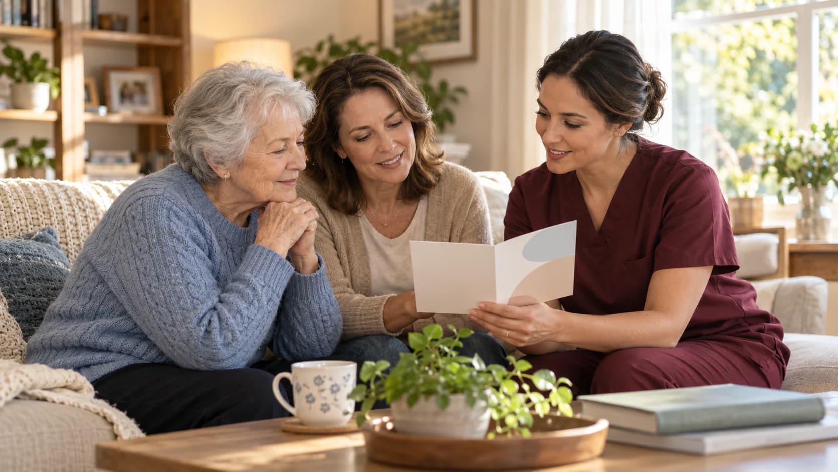 A client, caregiver and clinician reviewing a plain-language next-steps card together.