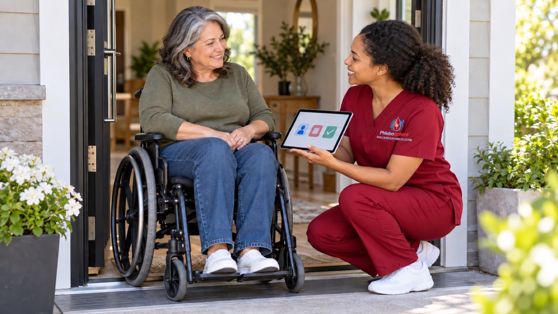 A wheelchair user speaking with a PhleboSphere professional at an accessible home entrance.