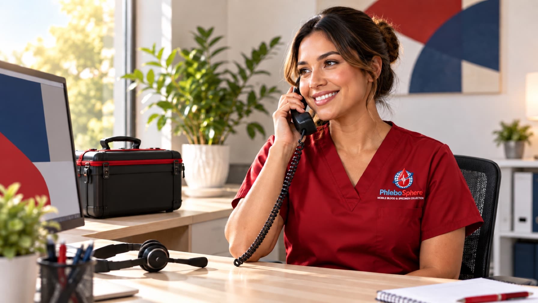 A PhleboSphere coordinator answering a telephone call in a welcoming workspace.