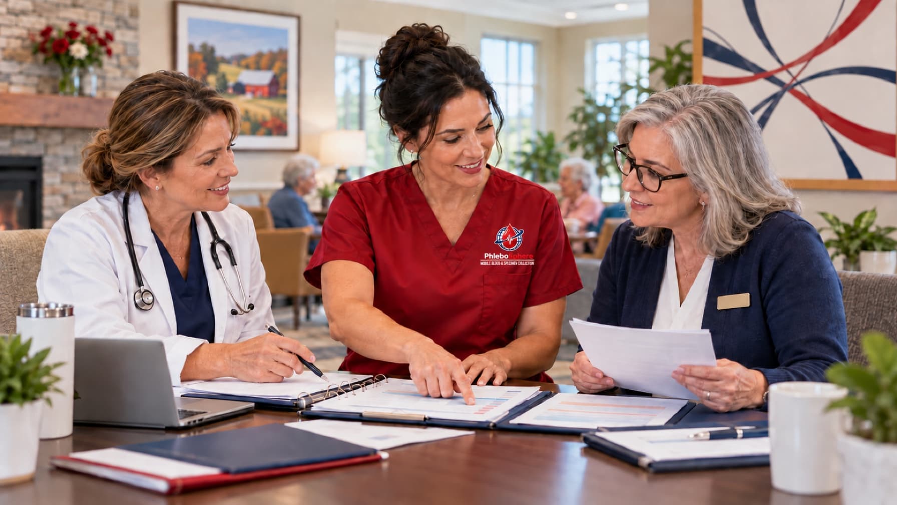A facility coordinator, clinician and PhleboSphere professional planning collection services together.