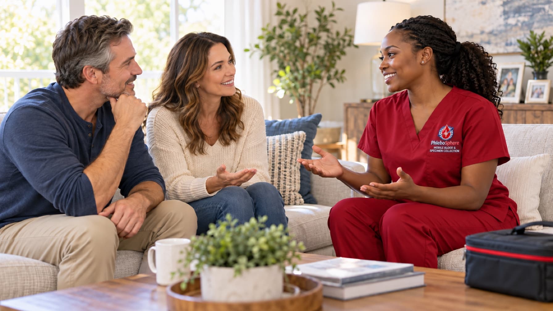 Two adults asking a PhleboSphere professional questions in a comfortable living room.