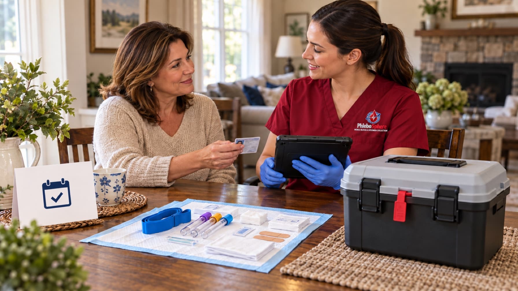 A client and PhleboSphere professional reviewing a visit beside prepared collection supplies and a transport case.
