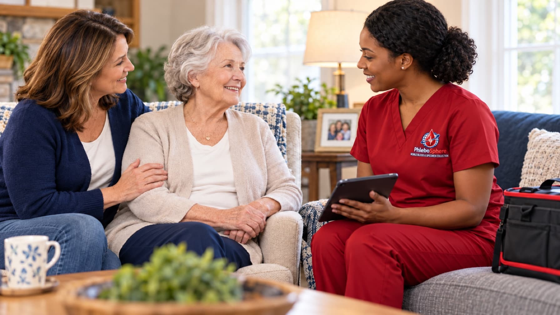An older adult and caregiver speaking with a PhleboSphere professional during a home visit.