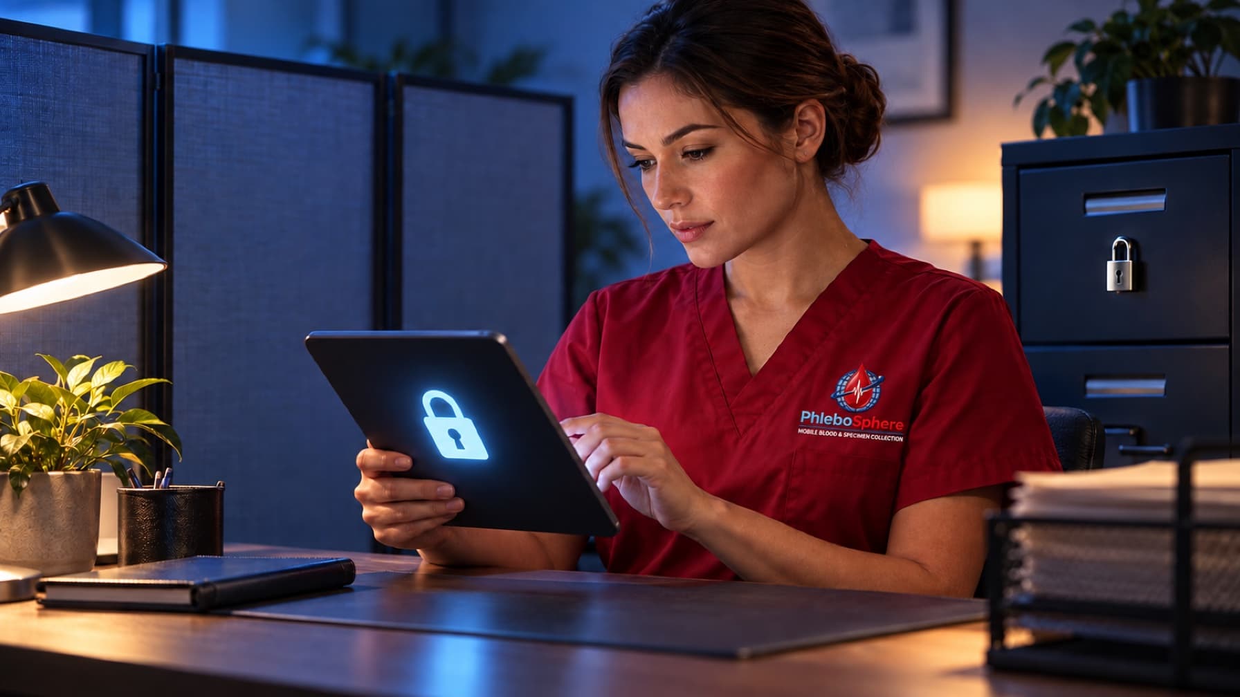 A PhleboSphere professional reviewing secure information on a tablet beside locked storage.
