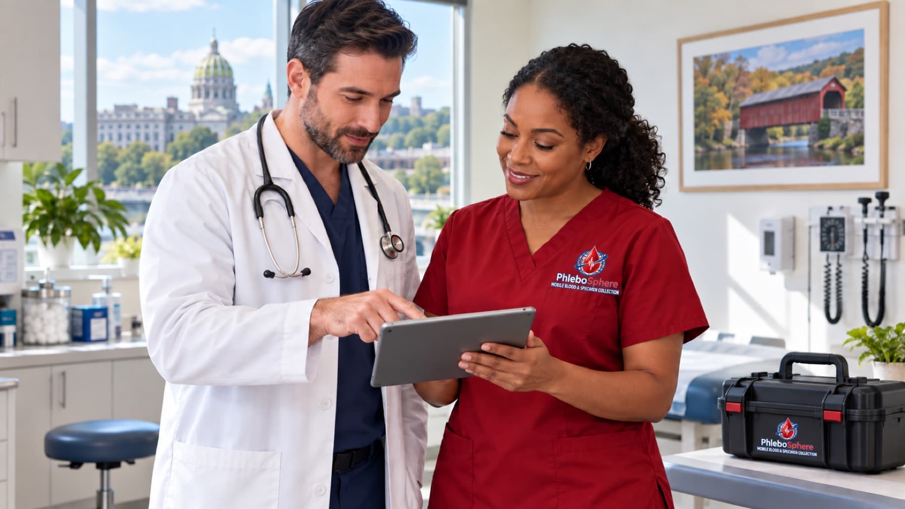 A physician and PhleboSphere professional reviewing an order together on a tablet.