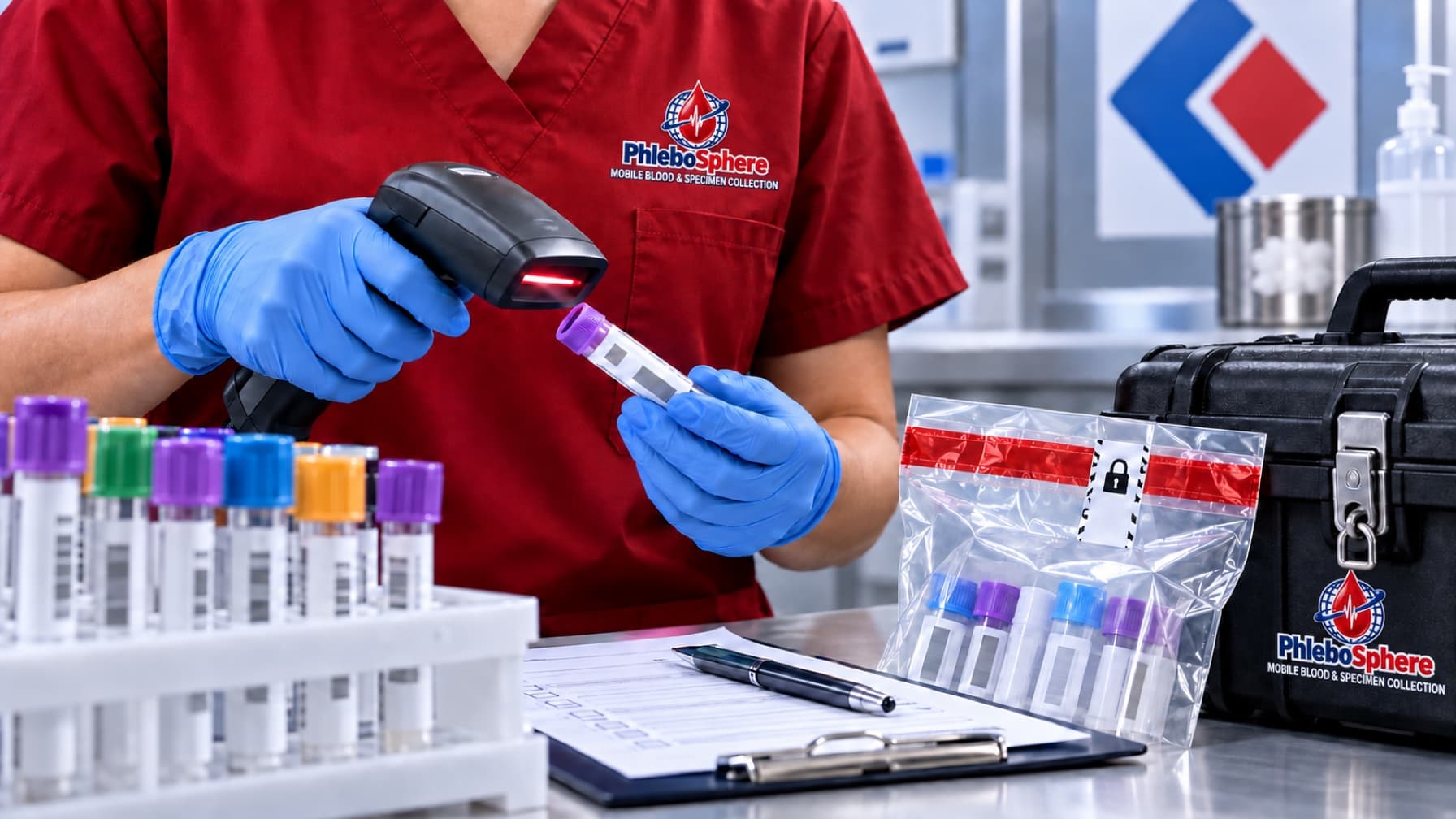 A gloved PhleboSphere professional scanning sealed specimen tubes beside a secure transport case.