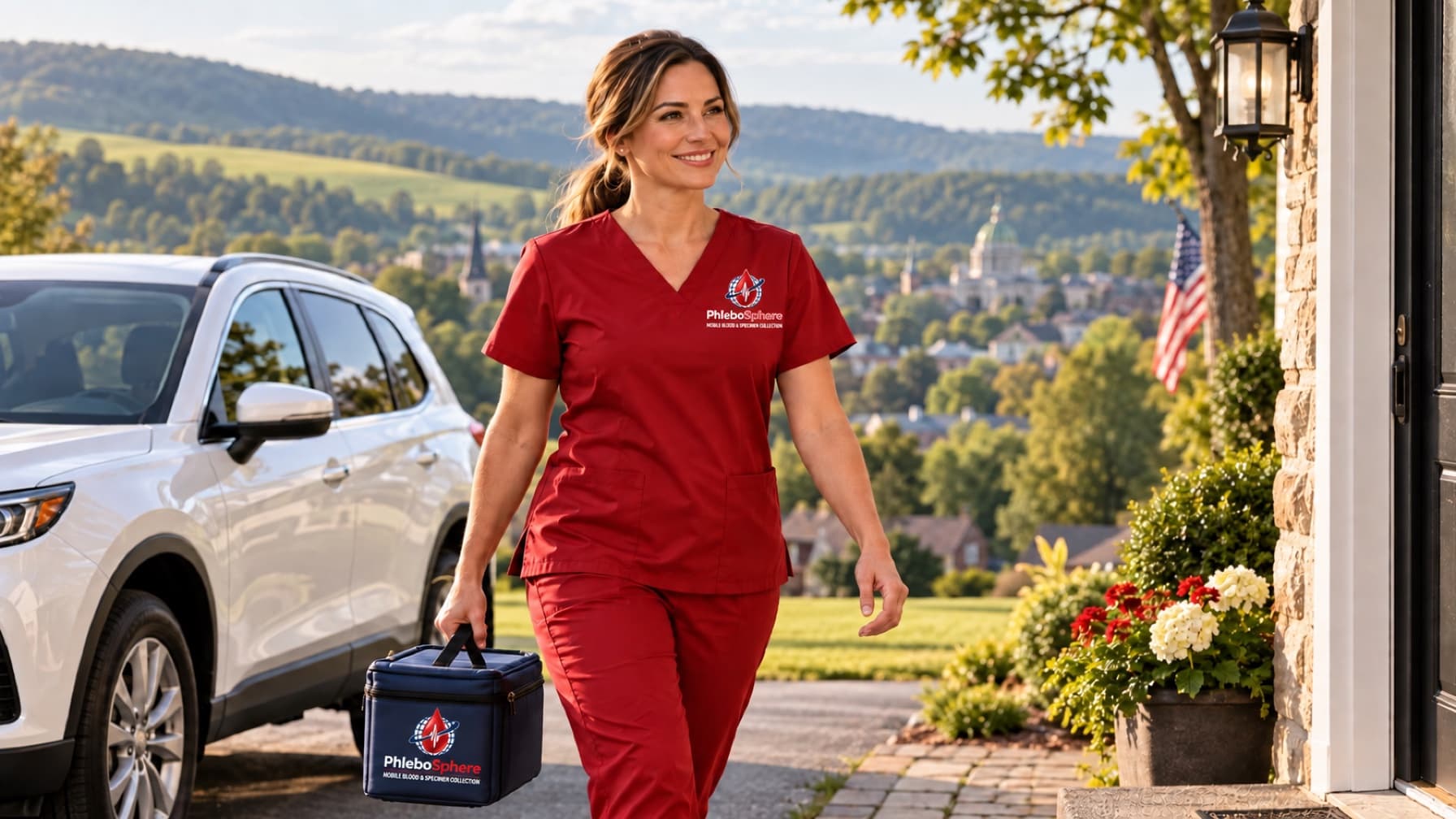 A PhleboSphere professional arriving with a secure mobile collection case in a Central Pennsylvania neighborhood.