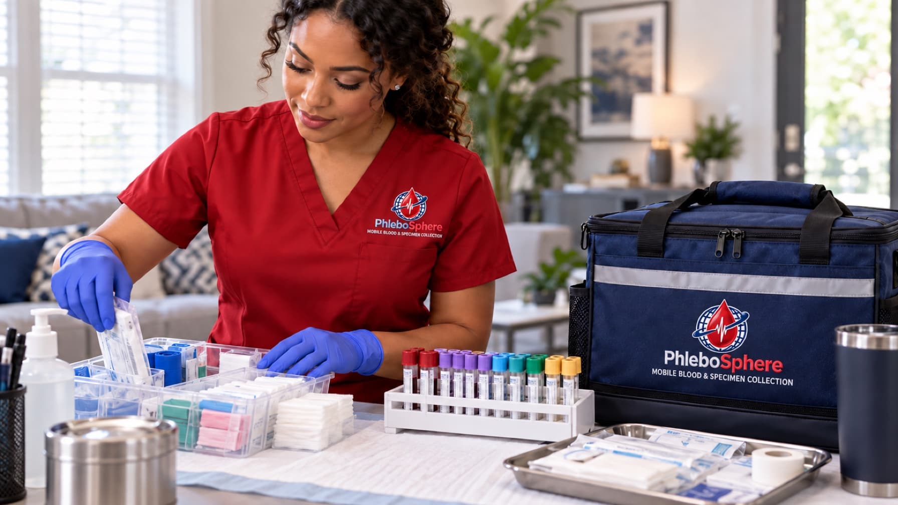A PhleboSphere professional organizing a mobile collection kit and secure transport case.