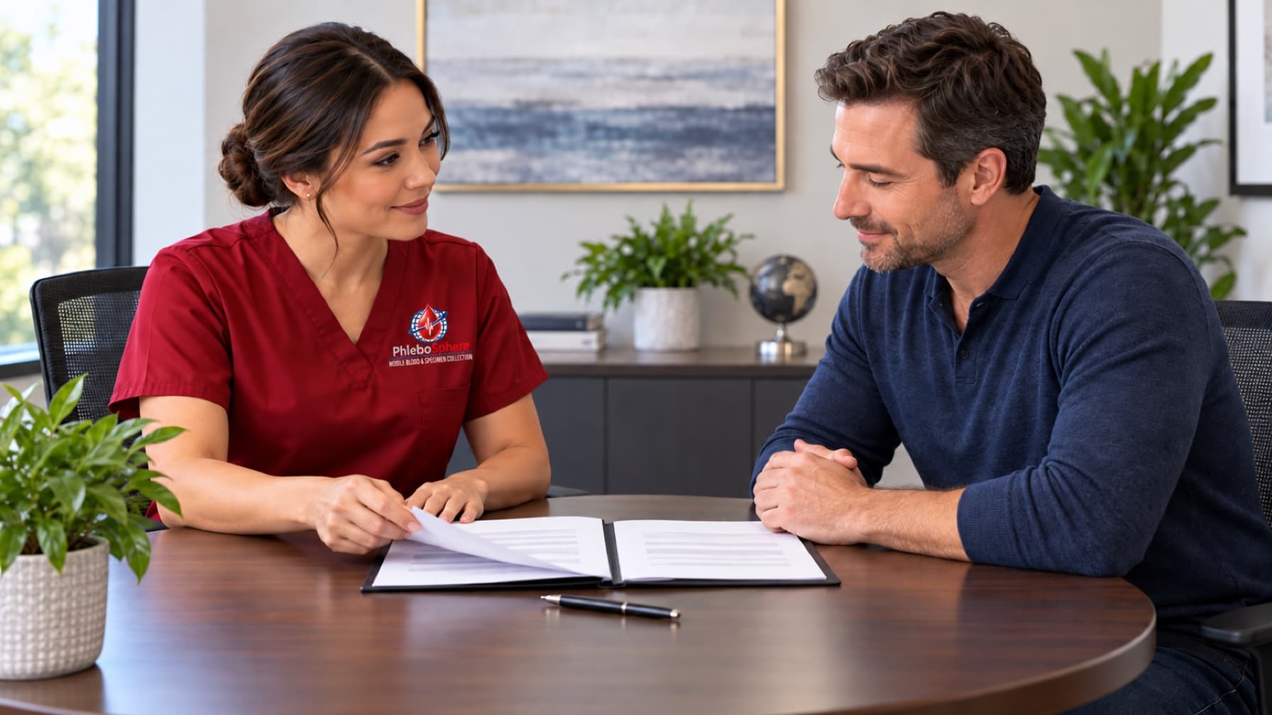 A PhleboSphere representative and an adult reviewing a service agreement together.