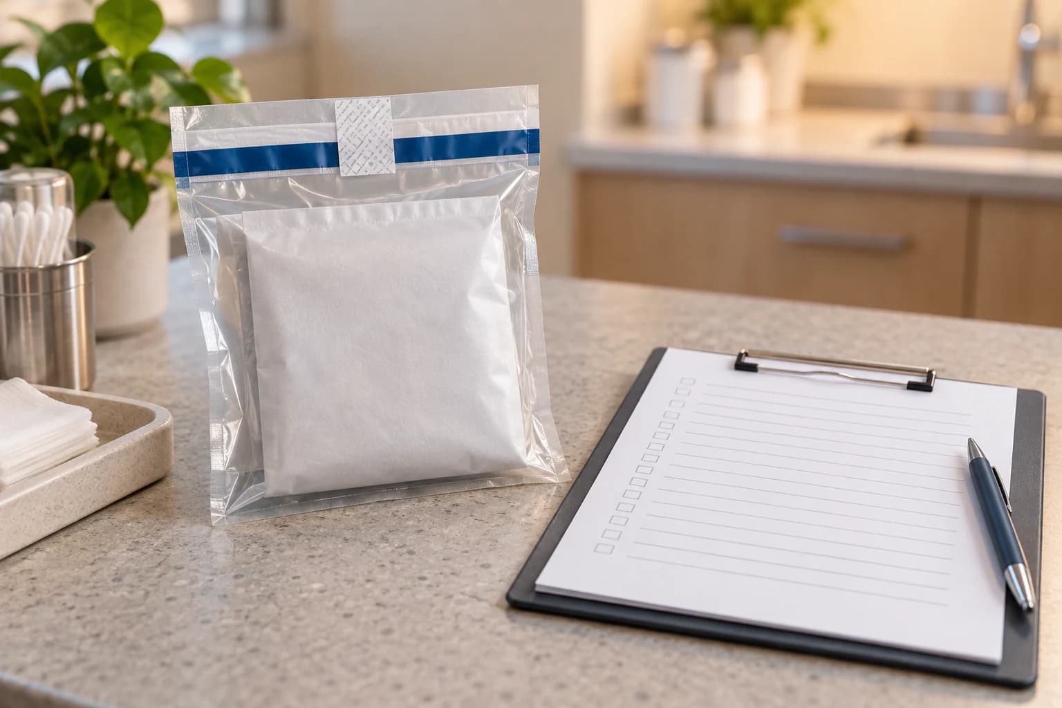 A sealed opaque transport pouch rests beside a blank handoff checklist.