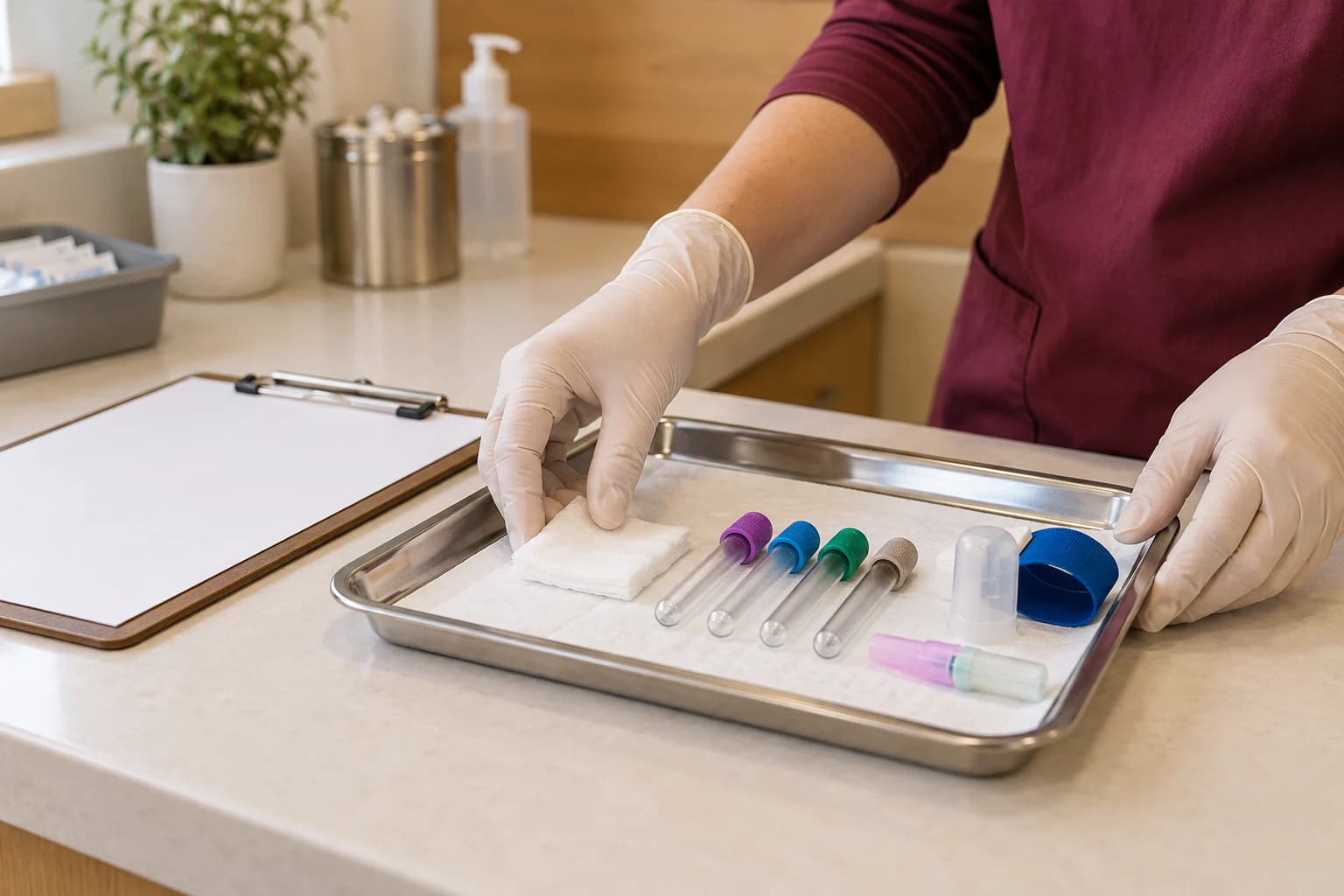 Non-identifying gloved hands arrange clean collection-training materials on a tray.