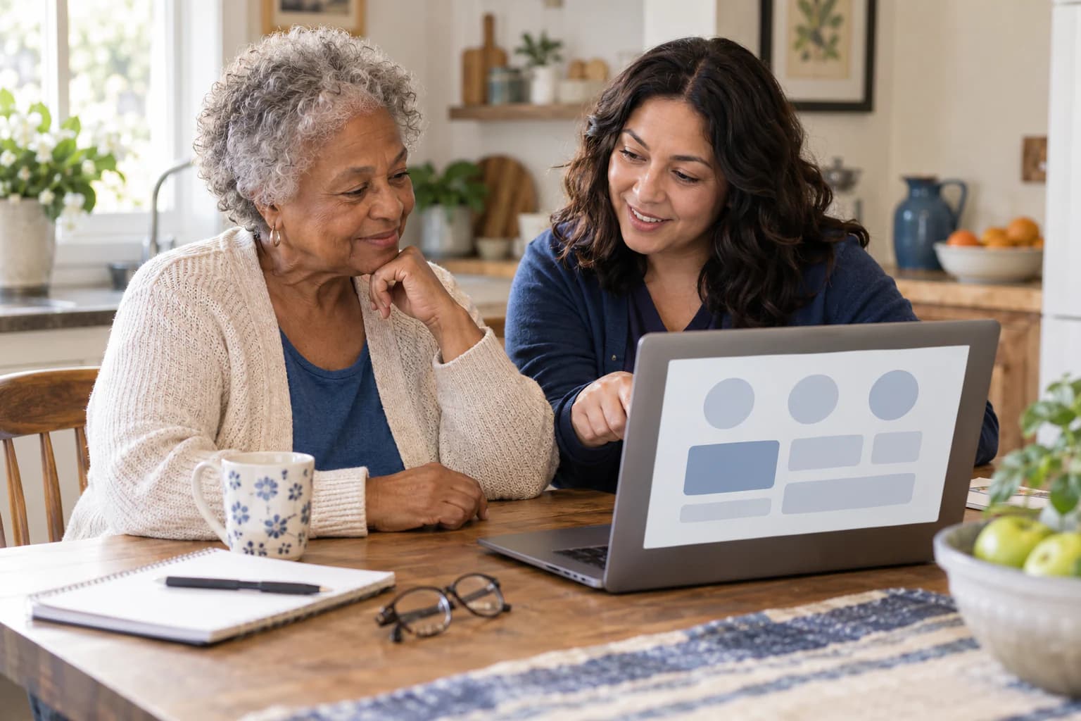 An older adult and coordinator look at a large-control prototype interface with abstract content.
