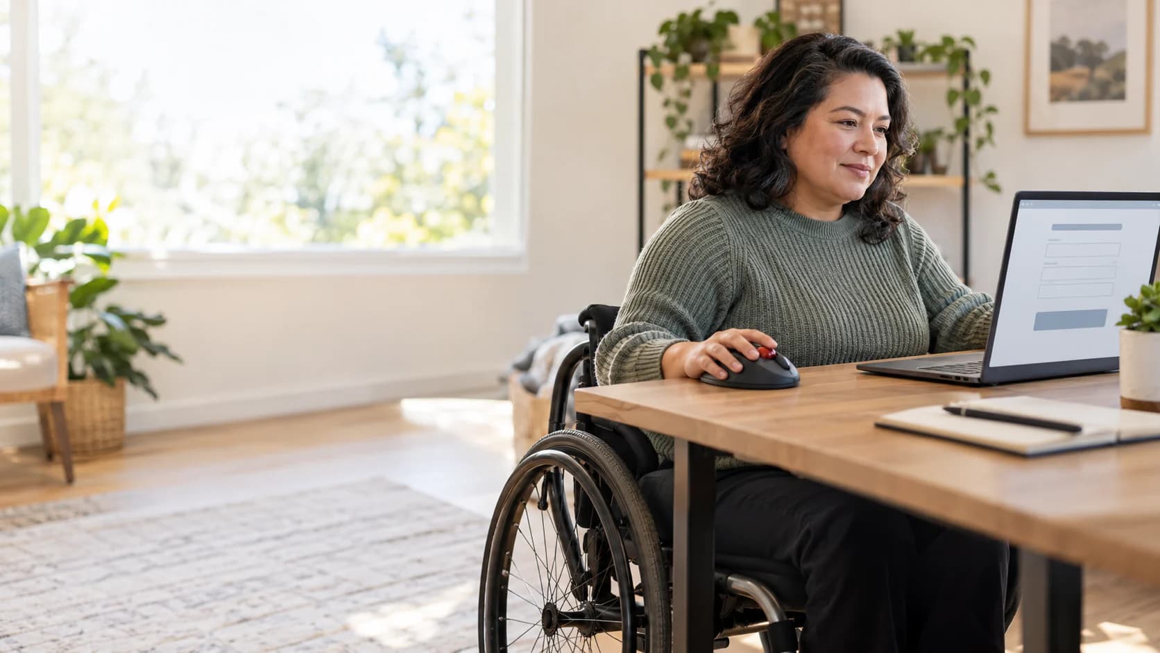 A wheelchair user prepares a blank nonmedical website-feedback form at a laptop.