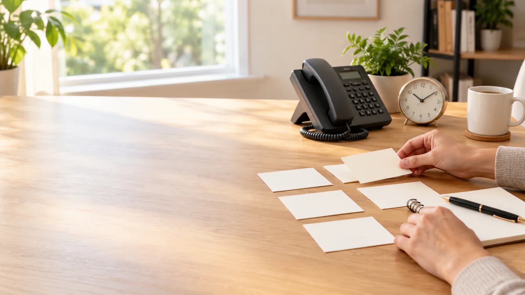 A desk telephone sits beside blank support-planning cards with no live hours shown.