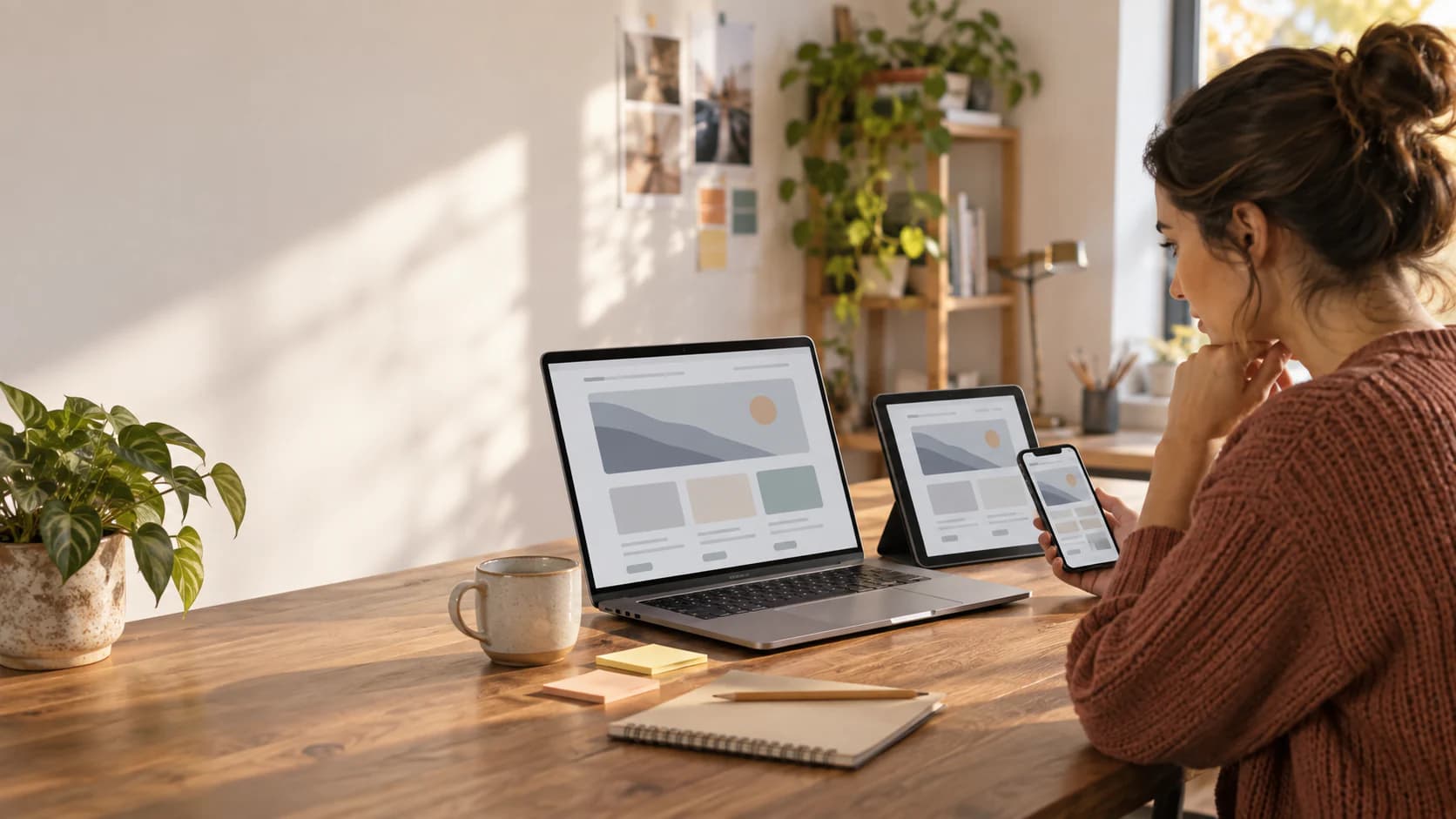 A quality reviewer compares a work-in-progress interface on multiple devices.
