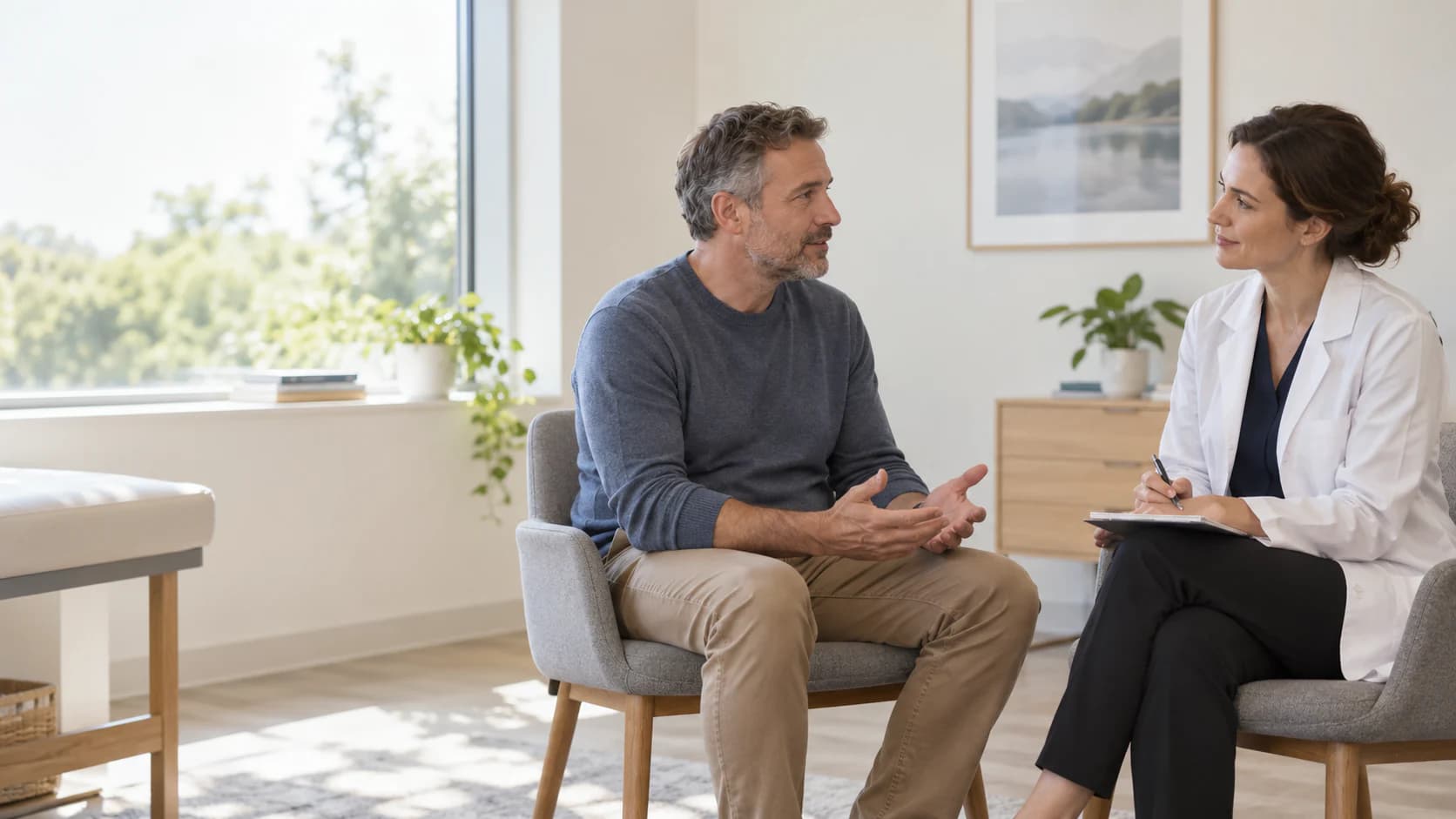 An unbranded clinician and adult have a calm general conversation in a clinical setting.