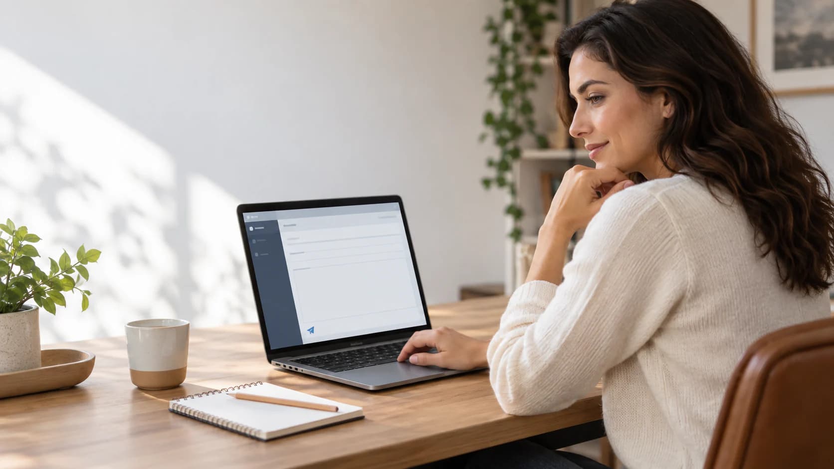 A blank general-business message is being prepared at a calm workspace.