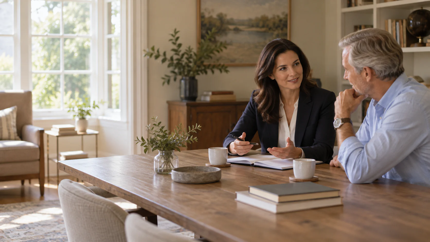 A concierge-style representative and coordinator discuss only broad timing and location in a private workspace.