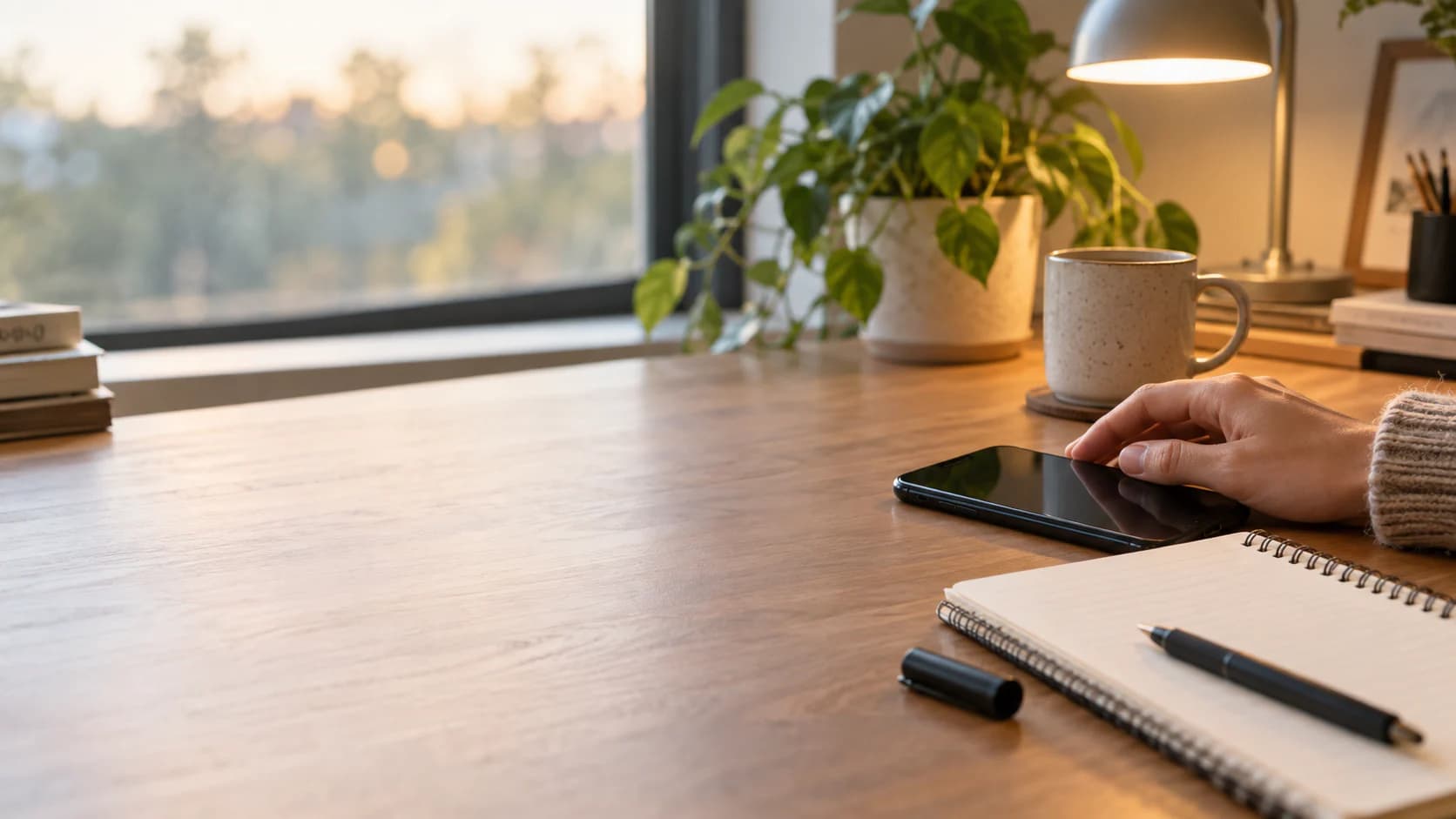 A telephone and blank planning notes sit on a desk without a confirmed time or appointment.