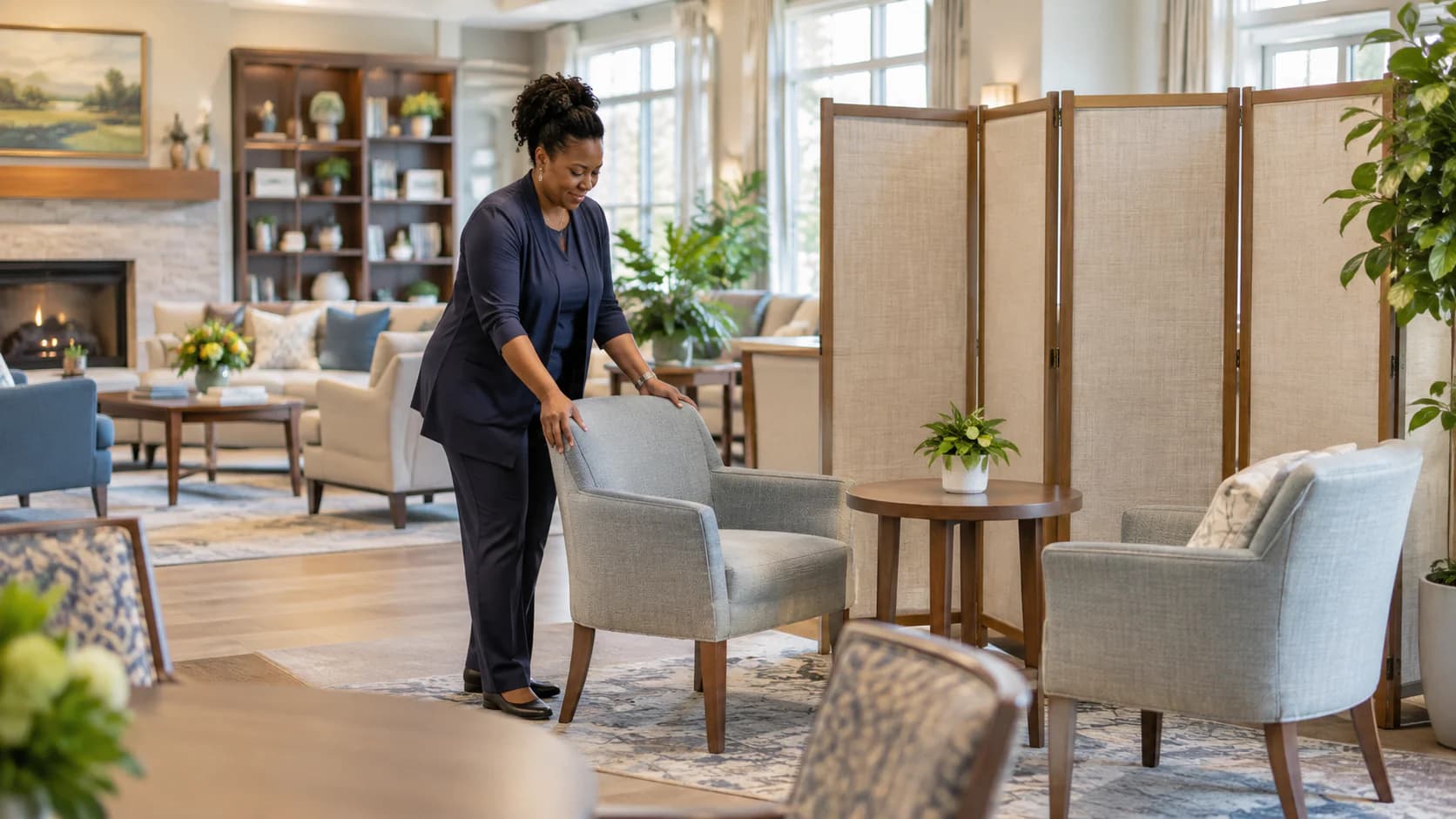 A facility coordinator prepares a quiet private space and a blank planning board for a future collection arrangement.