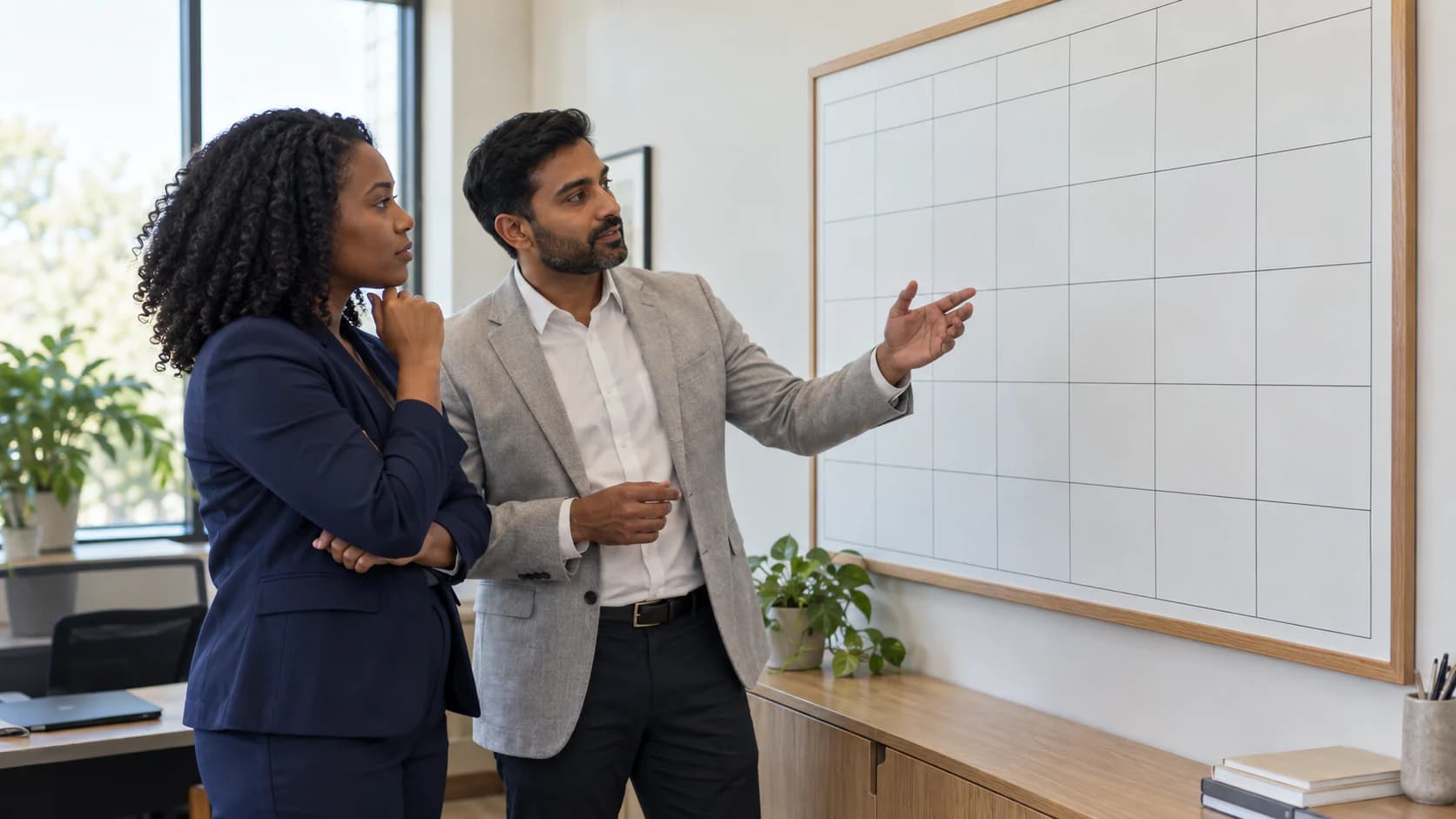 Facility administrators discuss a blank wall calendar and staffing plan without a confirmed collection round.