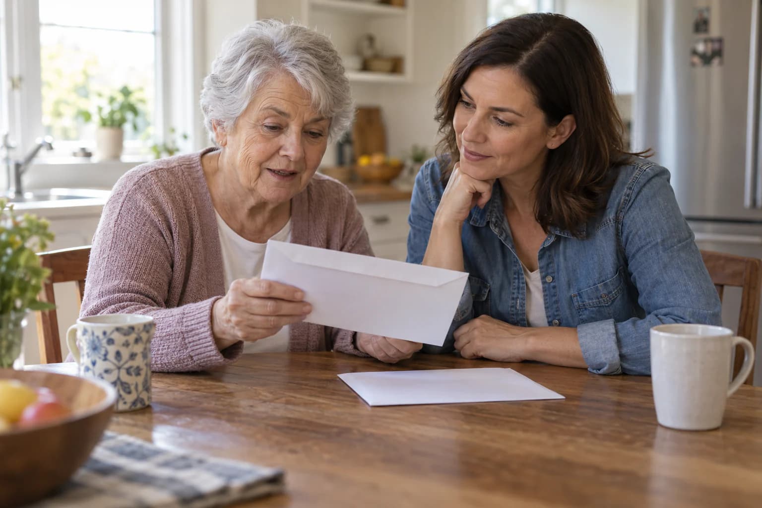 A caregiver and older adult review a blank authorization envelope together.