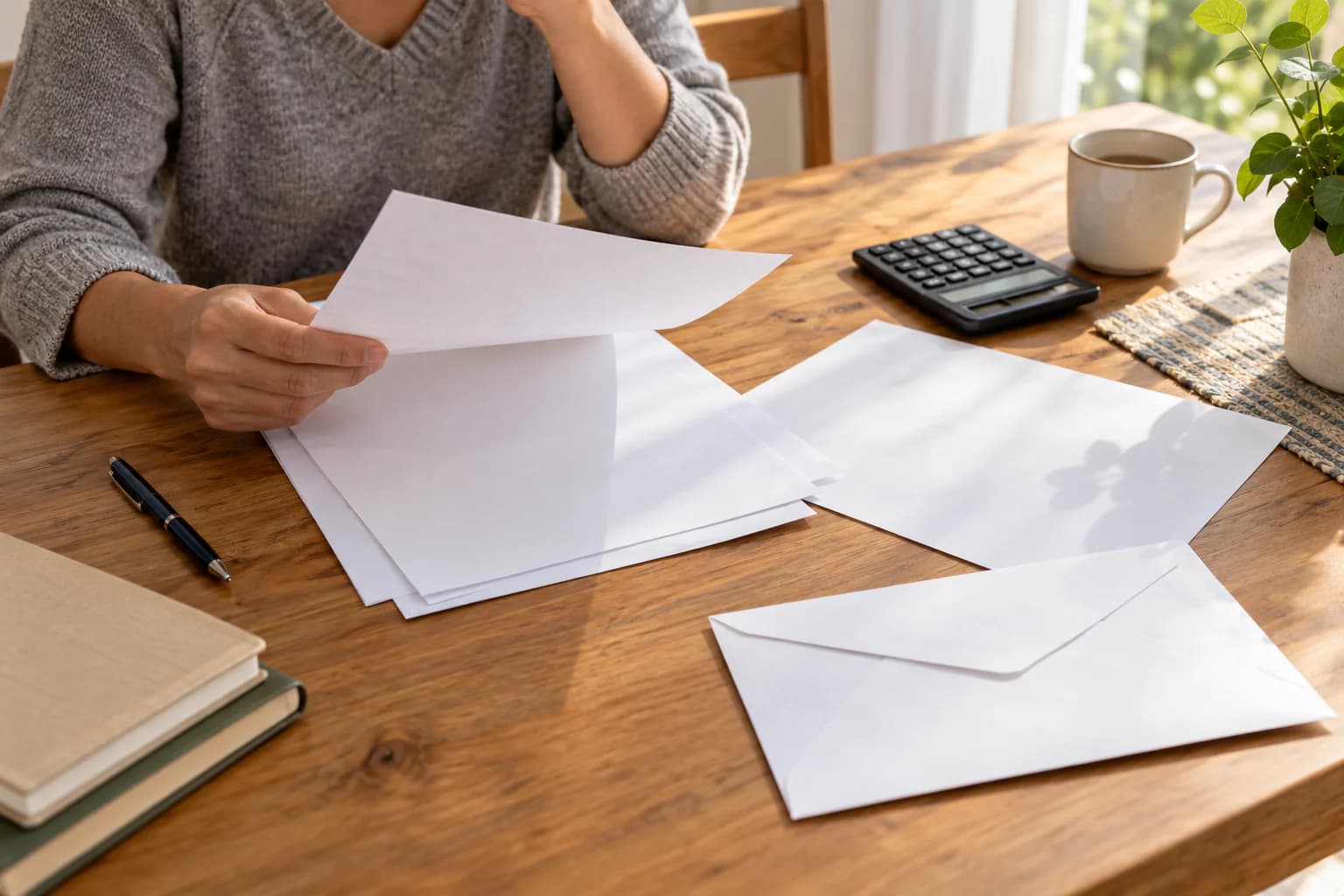 An adult reviews blank insurer and laboratory materials with no coverage decision shown.