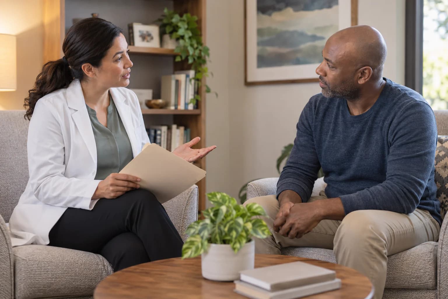 A non-branded healthcare professional explains the source of results to an adult patient.
