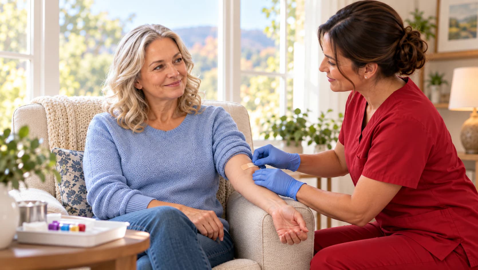 A phlebotomist calmly confirming identity and prepared collection supplies with a seated adult before collection.