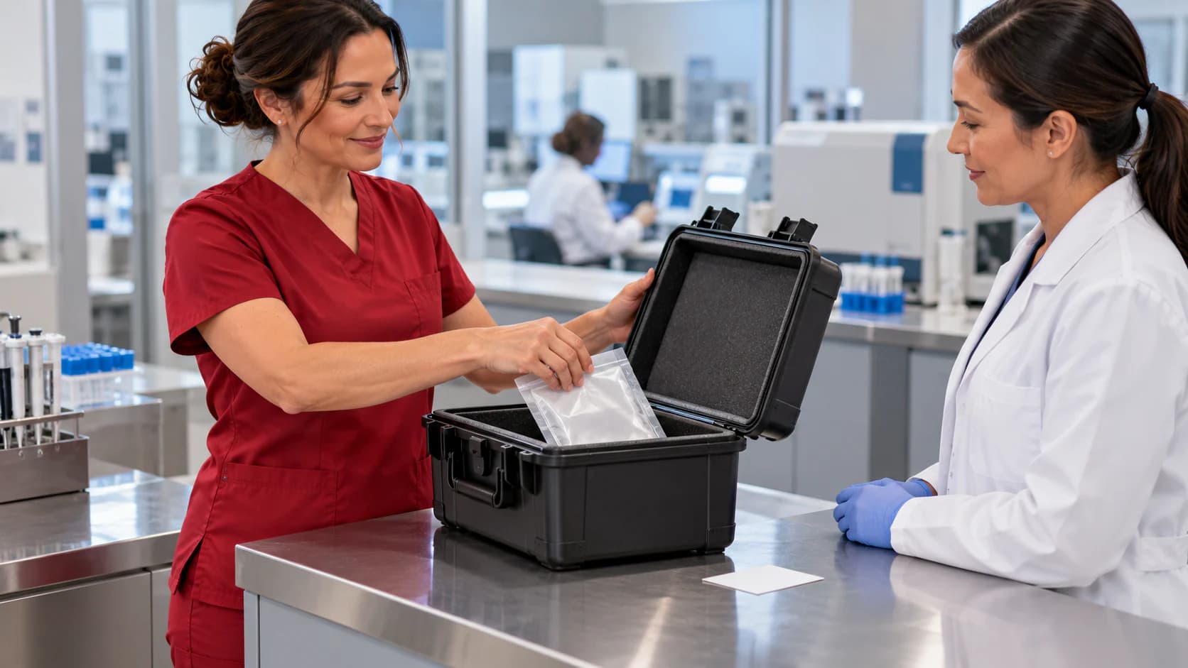 A phlebotomist placing a secured specimen transport pouch into a handoff case beside a simple documentation card.
