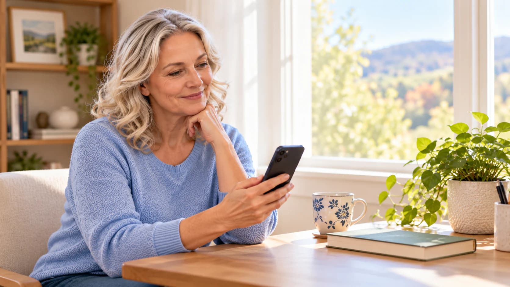 An adult reviewing a simple request-path card with a mobile phlebotomist in a comfortable home.