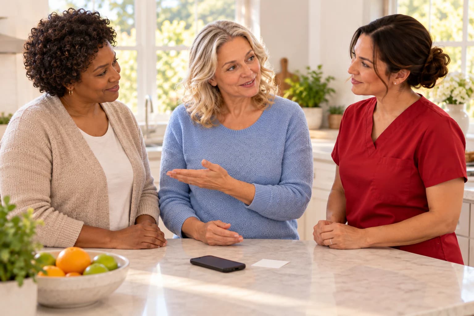 A caregiver and older adult discussing authorization with a coordinator at a table.