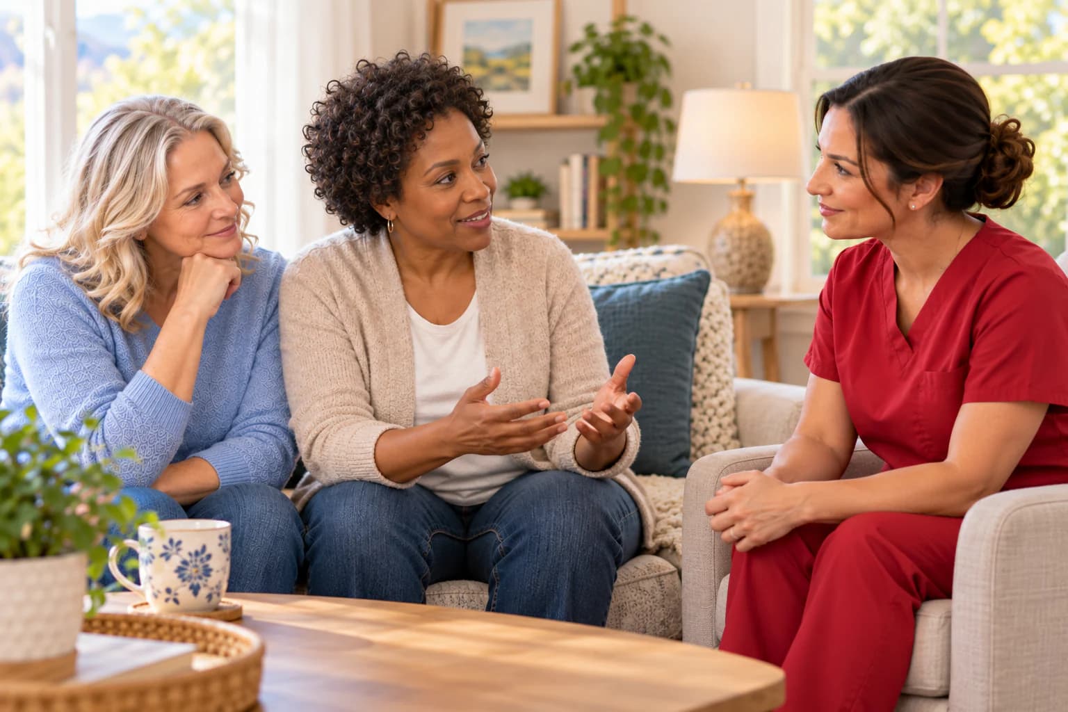 A client explains mobility and comfort needs to a care coordinator in a quiet home setting.