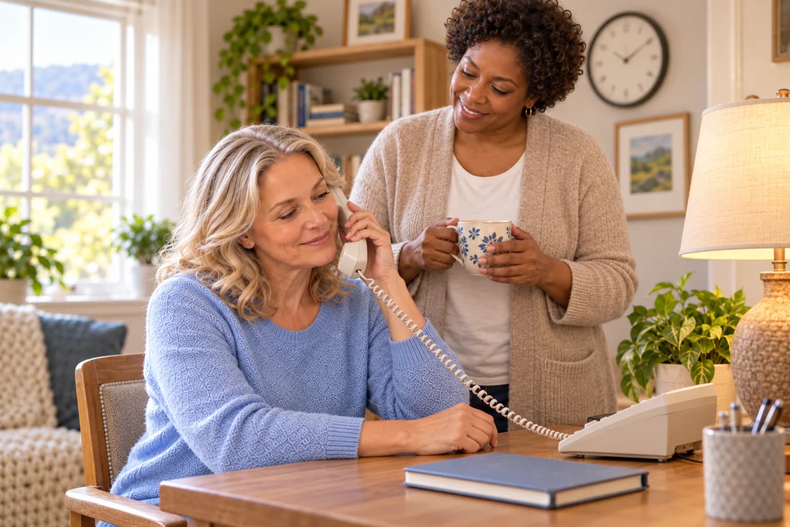 A senior adult reaches for a corded telephone beside a simple paper note in a bright home.