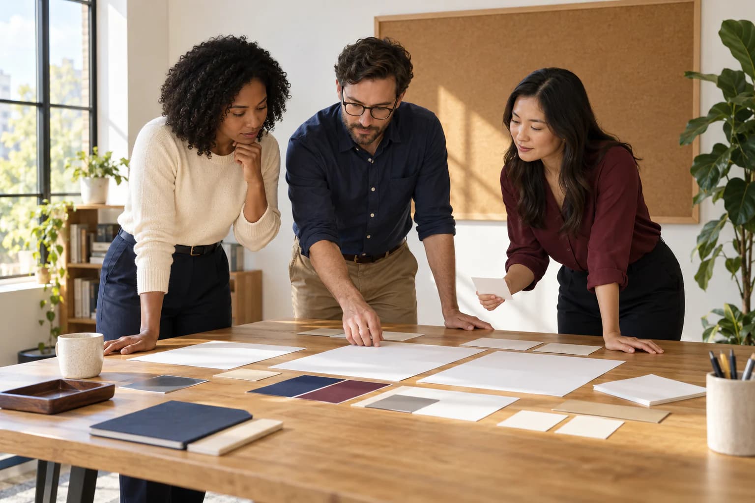 A cross-functional team reviews data-flow and operational planning materials without a certification badge.