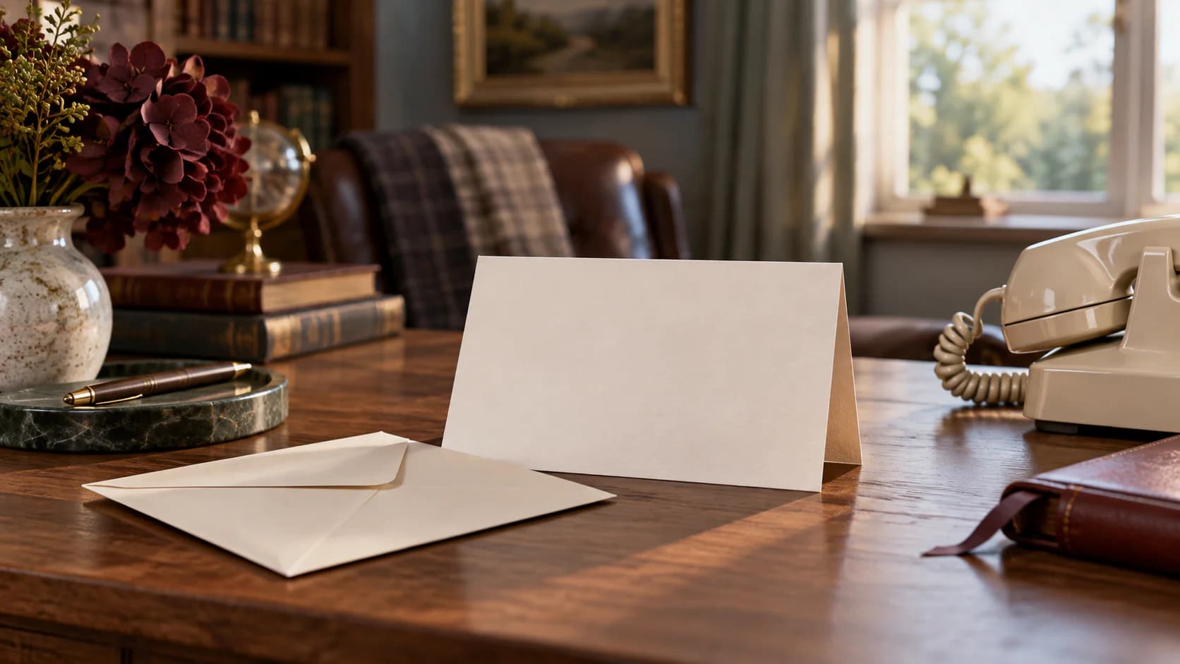A discreet continuity inquiry setup with a blank card, telephone and envelope; no person is identified.