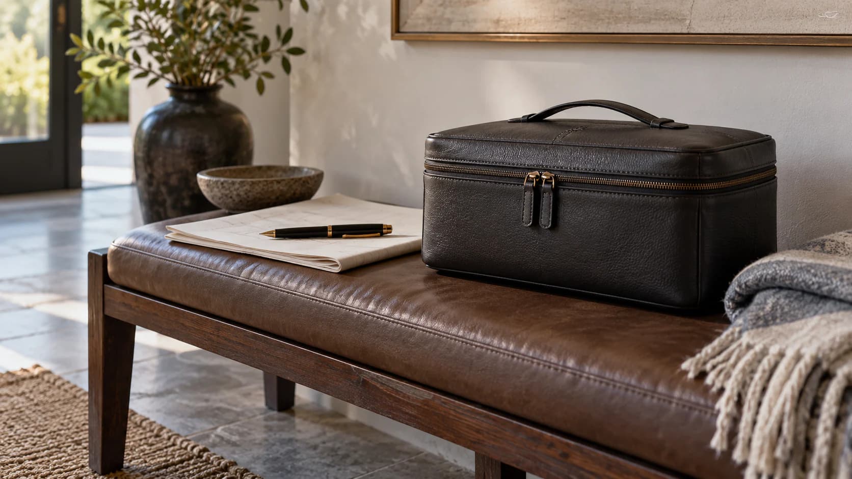 A closed travel case rests beside neutral, blank planning materials with no destination shown.