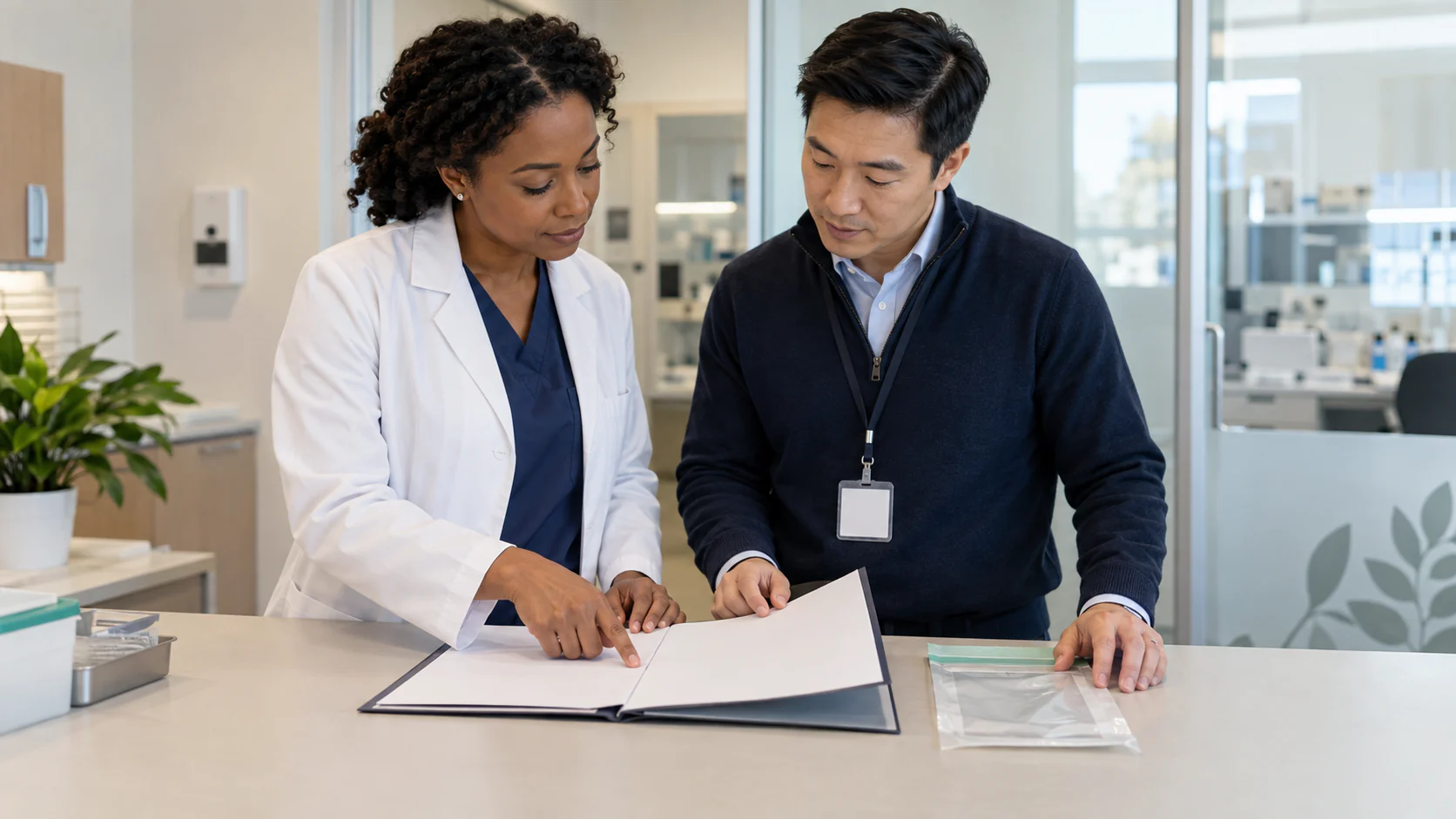 A clinician and coordinator review collection-custody planning beside a blank transport pouch.