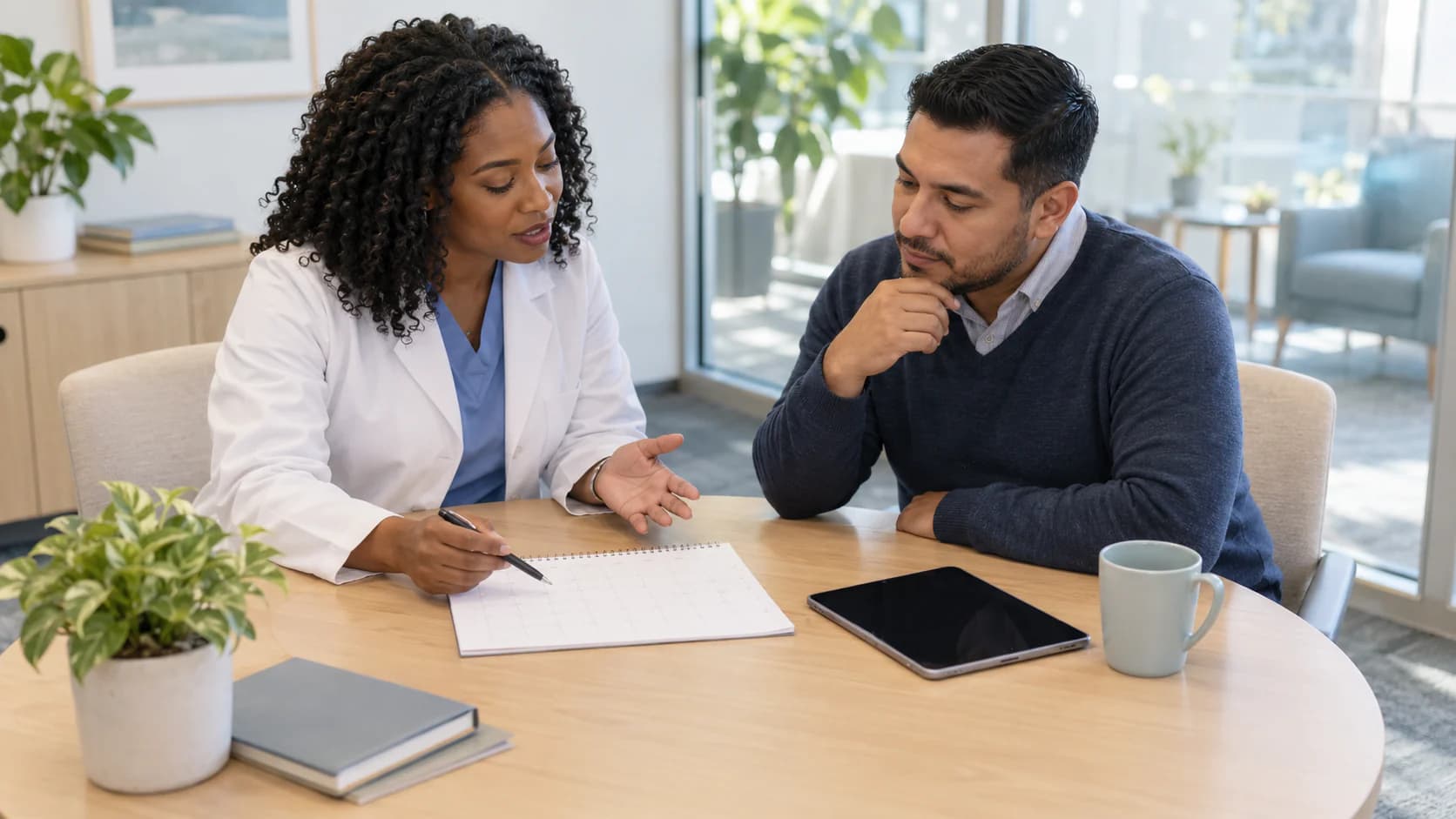A provider and care coordinator discuss a future service arrangement beside a blank calendar.