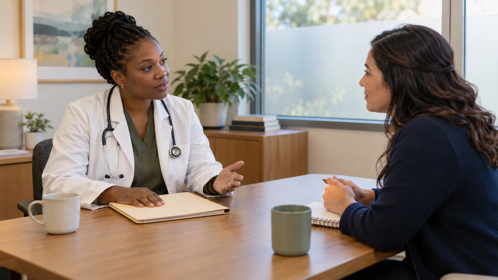 An ordering clinician keeps a provider-order folder while speaking with a mobile-collection coordinator.